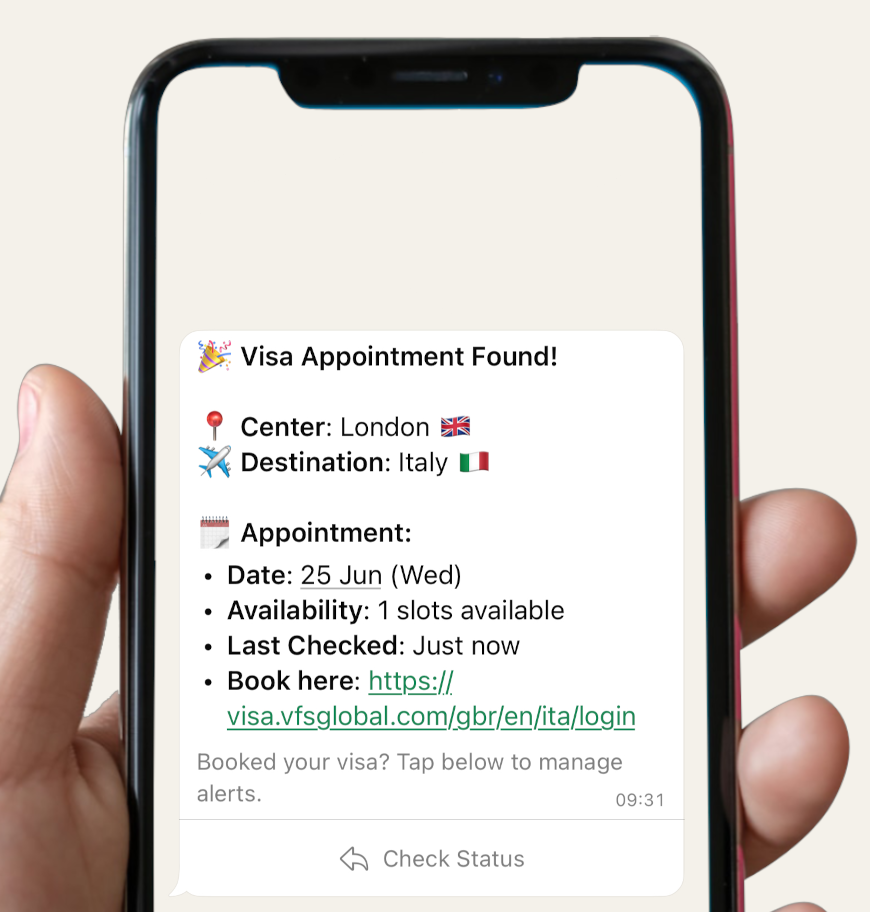Detailed Schengen Alert WhatsApp message opened on a phone, providing full details of an available Schengen visa appointment slot.