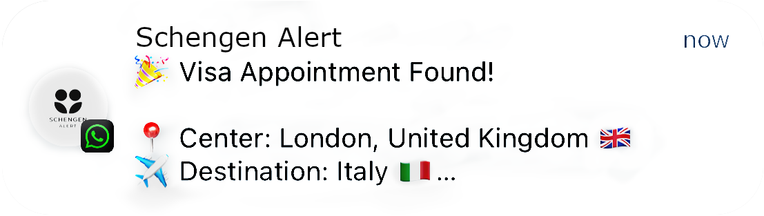 Schengen Alert lockscreen notification on a phone, showing a brief visa appointment alert.